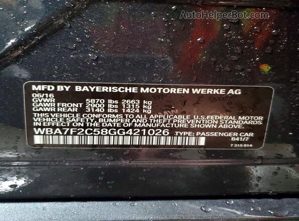 WBA7F2C58GG421026 2016 BMW OTHER Charcoal Вид підкапотного простору