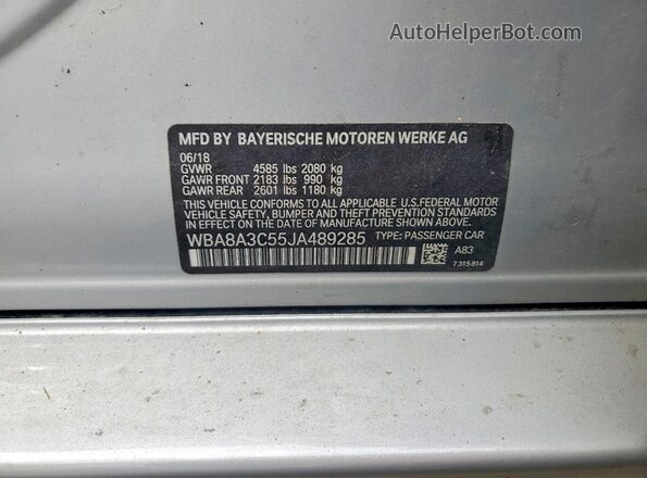 WBA8A3C55JA489285 2018 BMW OTHER Серебряный Вид наклейки с VIN-кодом
