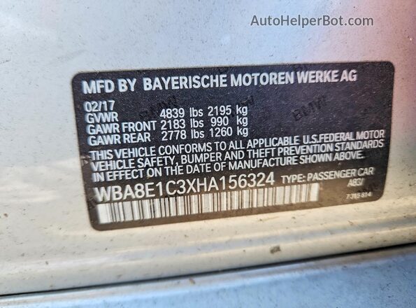 WBA8E1C3XHA156324 2017 BMW OTHER Silver Vista de la etiqueta del VIN