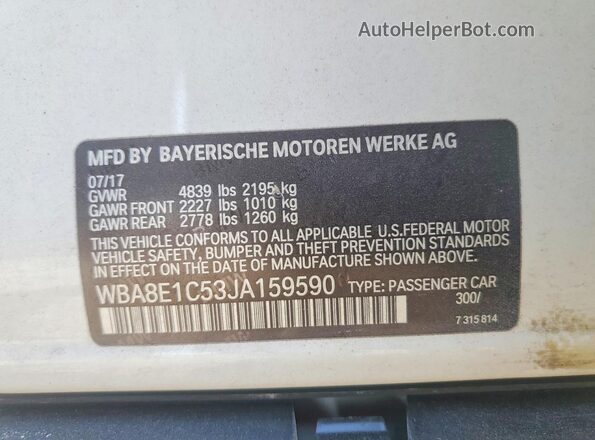 WBA8E1C53JA159590 2018 BMW OTHER Белый Вид наклейки с VIN-кодом