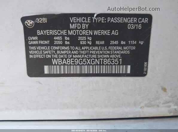 WBA8E9G5XGNT86351 2016 BMW OTHER Белый Вид подкапотного пространства