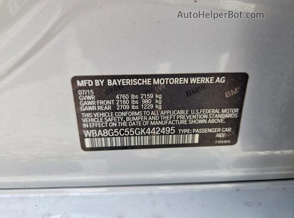 WBA8G5C55GK442495 2016 BMW OTHER Silver VIN կոդի պիտակի տեսք