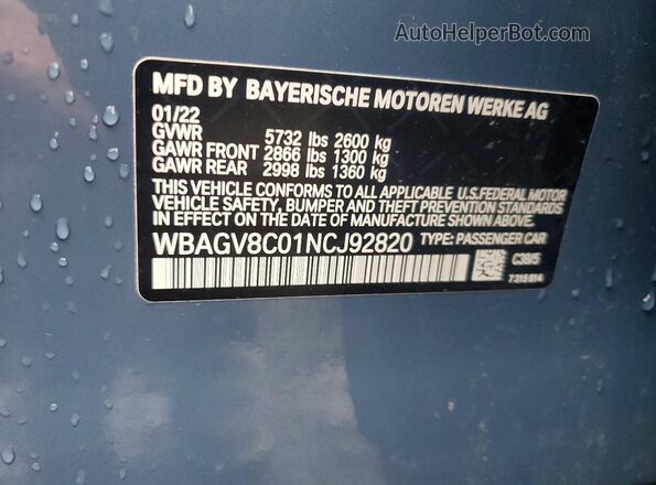 WBAGV8C01NCJ92820 2022 BMW M8 Blue VIN կոդի պիտակի տեսք