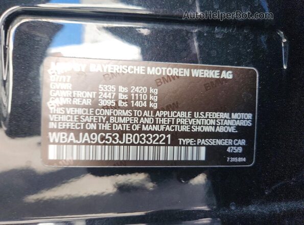 WBAJA9C53JB033221 2018 BMW 5 SERIES Черный Вид наклейки с VIN-кодом