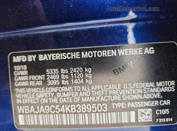 WBAJA9C54KB389503 2019 BMW 5 SERIES Синий Вид наклейки с VIN-кодом