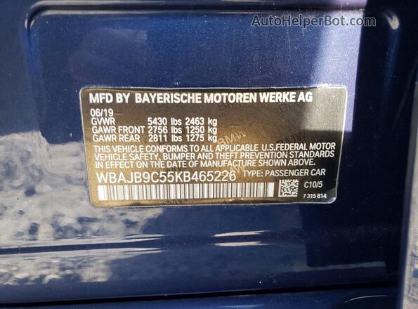 WBAJB9C55KB465226 2019 BMW M5 Blue Vista del compartimento del motor