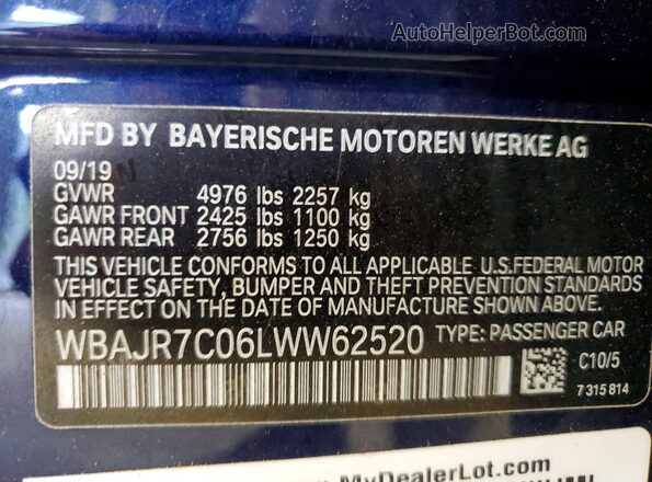 WBAJR7C06LWW62520 2020 BMW OTHER Синий Вид подкапотного пространства