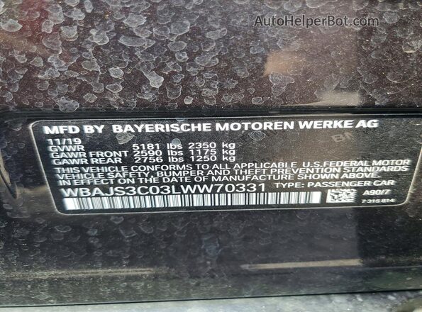 WBAJS3C03LWW70331 2020 BMW OTHER Charcoal Vista de la etiqueta del VIN