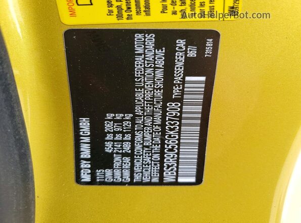 WBS3R9C56GK337908 2016 BMW M4 Gold Vista de la etiqueta del VIN