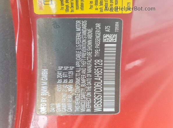 WBS3S7C06LAH85128 2020 BMW M4 Red Vista de la etiqueta del VIN