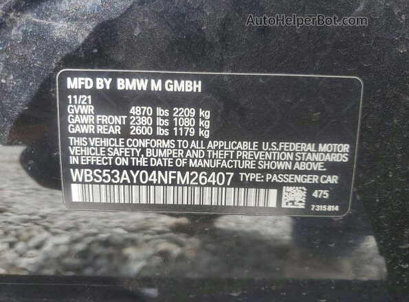 WBS53AY04NFM26407 2022 BMW M3 Черный Вид наклейки с VIN-кодом