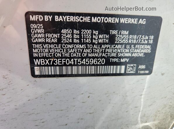 WBX73EF04T5459620 2026 BMW X1 Белый Вид наклейки с VIN-кодом