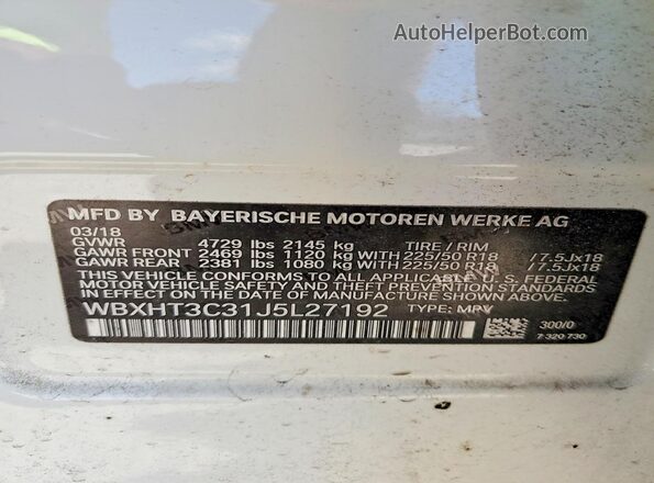 WBXHT3C31J5L27192 2018 BMW X1 White VIN კოდის სტიკერის ხედი