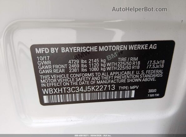 WBXHT3C34J5K22713 2018 BMW X1 White Շարժիչի բաժամունքի տեսք