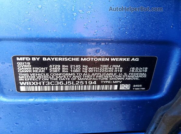 WBXHT3C36J5L25194 2018 BMW X1 Синий Вид подкапотного пространства