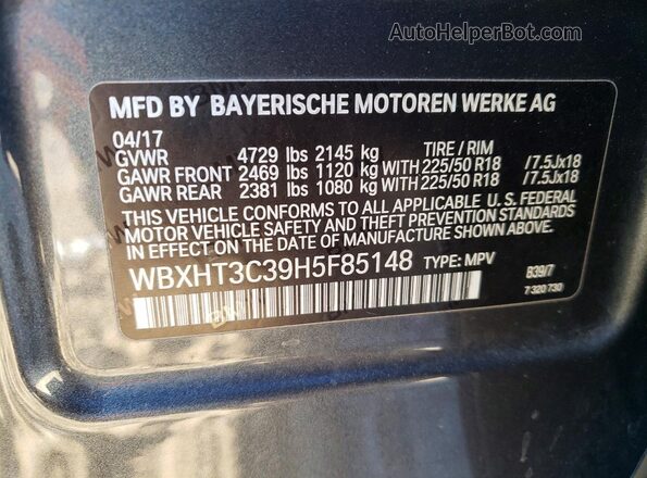 WBXHT3C39H5F85148 2017 BMW X1 Серый Панорамный вид салона 360°