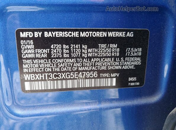 WBXHT3C3XG5E47956 2016 BMW X1 Синий Панорамный вид салона 360°