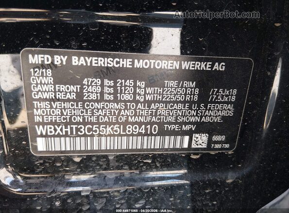 WBXHT3C55K5L89410 2019 BMW X1 Black Vista del compartimento del motor