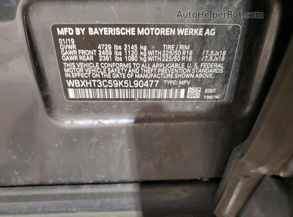 WBXHT3C59K5L90477 2019 BMW X1 Gray Вид наклейки з VIN-кодом