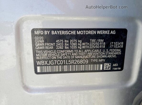WBXJG7C01L5R26809 2020 BMW X1 Серебряный Панорамный вид салона 360°
