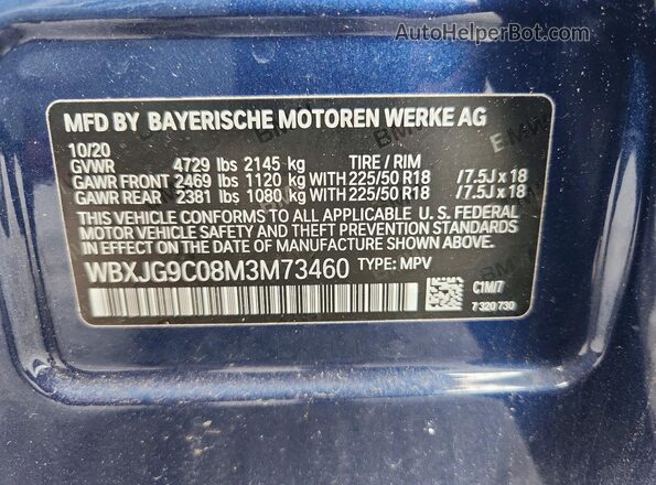 WBXJG9C08M3M73460 2021 BMW X1 Синий Вид наклейки с VIN-кодом