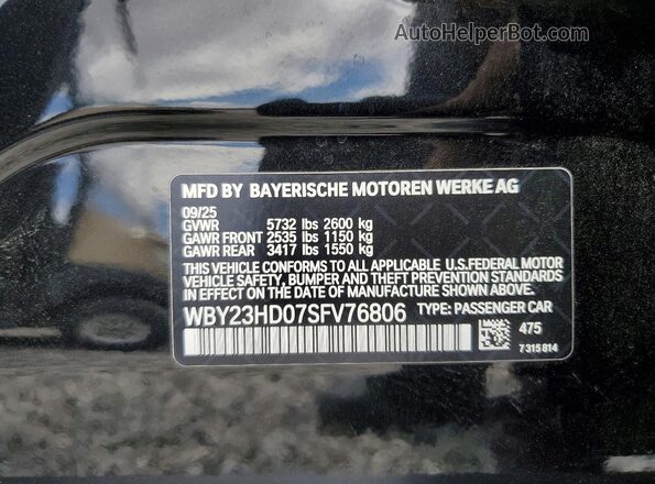 WBY23HD07SFV76806 2025 BMW I4 Черный Вид наклейки с VIN-кодом