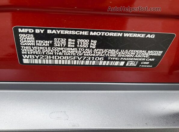 WBY23HD08SFV73106 2025 BMW I4 Красный Вид наклейки с VIN-кодом