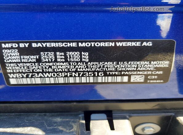 WBY73AW03PFN73516 2023 BMW I4 Синий Вид наклейки с VIN-кодом