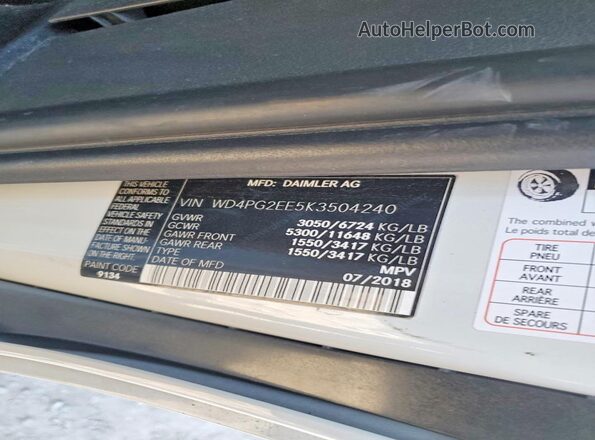WD4PG2EE5K3504240 2019 MERCEDES-BENZ METRIS Белый Вид наклейки с VIN-кодом