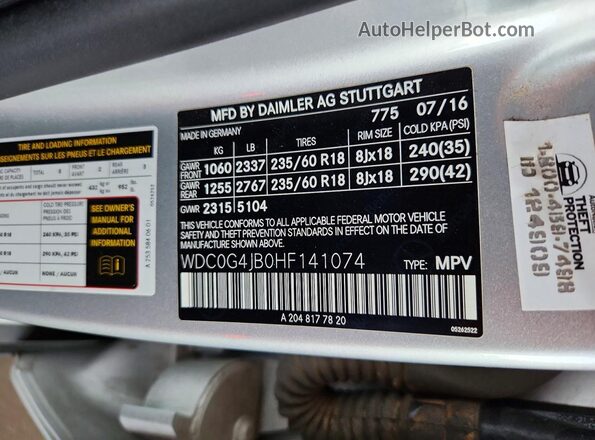 WDC0G4JB0HF141074 2017 MERCEDES-BENZ GLC-CLASS Silver VIN კოდის სტიკერის ხედი
