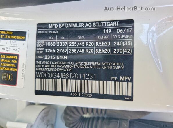 WDC0G4JB8JV014231 2018 MERCEDES-BENZ GLC-CLASS Белый Панорамный вид салона 360°