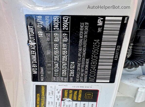 WDC0G4KB0GF050254 2016 MERCEDES-BENZ GLC-CLASS White Widok naklejki z numerem VIN