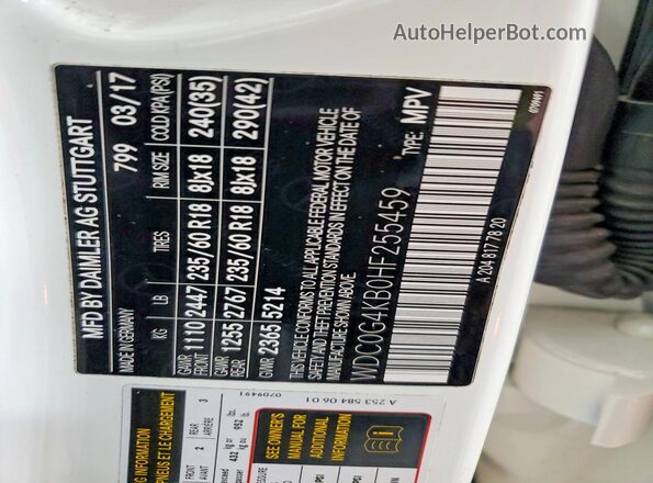 WDC0G4KB0HF255459 2017 MERCEDES-BENZ GLC-CLASS White Vista de la etiqueta del VIN