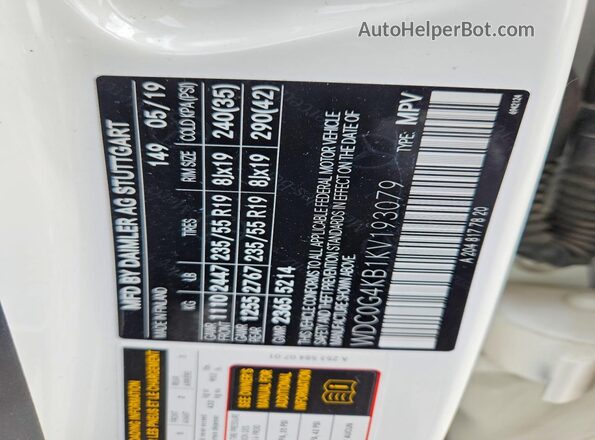 WDC0G4KB1KV193079 2019 MERCEDES-BENZ GLC-CLASS White Widok naklejki z numerem VIN