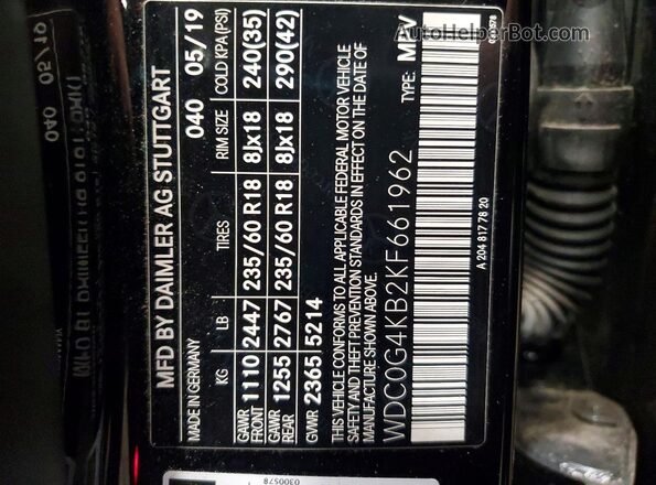 WDC0G4KB2KF661962 2019 MERCEDES-BENZ GLC-CLASS Black Вид наклейки з VIN-кодом