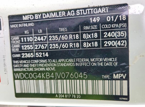 WDC0G4KB4JV076045 2018 MERCEDES-BENZ GLS White VIN sticker view