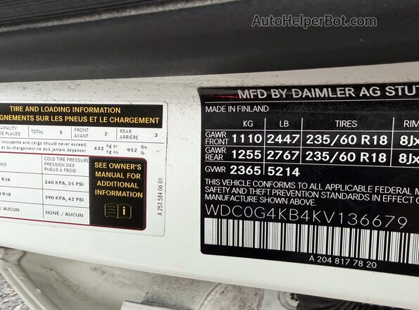 WDC0G4KB4KV136679 2019 MERCEDES-BENZ GLC-CLASS Белый Вид наклейки с VIN-кодом
