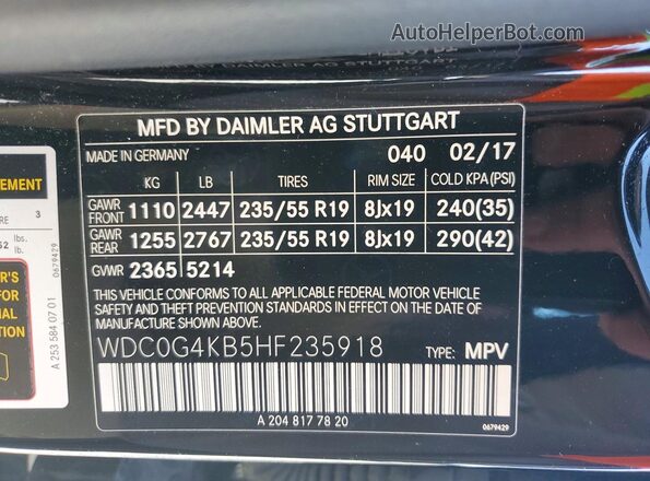 WDC0G4KB5HF235918 2017 MERCEDES-BENZ GLC-CLASS Черный Вид наклейки с VIN-кодом
