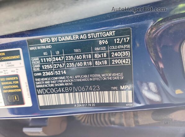 WDC0G4KB9JV067423 2018 MERCEDES-BENZ GLC-CLASS Синий Вид наклейки с VIN-кодом