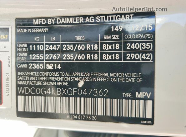 WDC0G4KBXGF047362 2016 MERCEDES-BENZ GLC-CLASS Белый Панорамный вид салона 360°