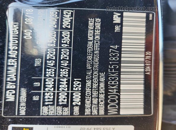 WDC0J4KB3KF518374 2019 MERCEDES-BENZ GLC-CLASS Black VIN კოდის სტიკერის ხედი