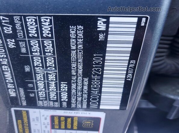 WDC0J4KB8HF231301 2017 MERCEDES-BENZ GLC-CLASS Серебряный Вид наклейки с VIN-кодом