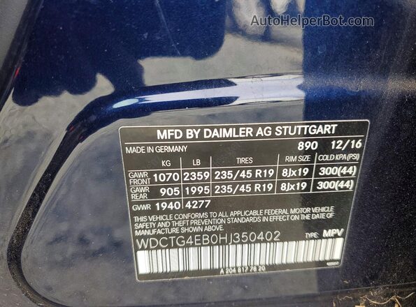 WDCTG4EB0HJ350402 2017 MERCEDES-BENZ GLA Blue Вид наклейки з VIN-кодом