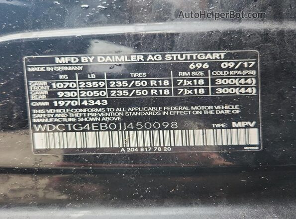 WDCTG4EB0JJ450098 2018 MERCEDES-BENZ GLA Black Вид наклейки з VIN-кодом