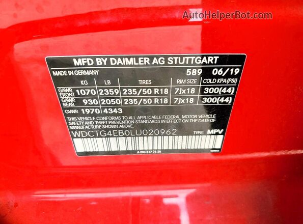 WDCTG4EB0LU020962 2020 MERCEDES-BENZ GLA Red 360 interior view
