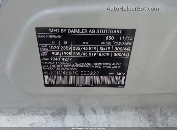 WDCTG4EB1GJ223222 2016 MERCEDES-BENZ GLA 250 White Widok komory silnika