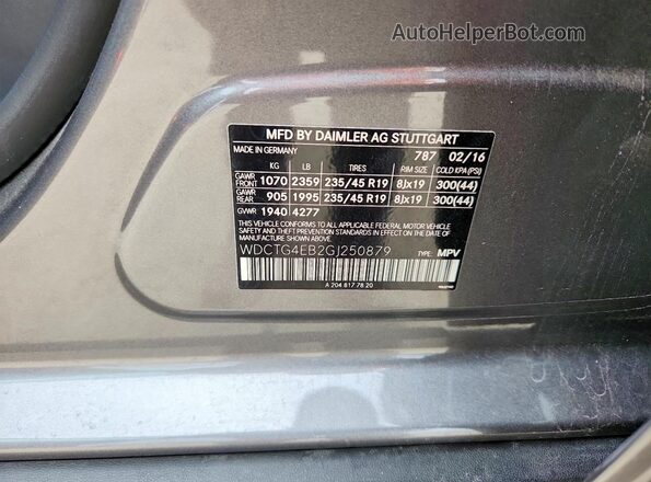 WDCTG4EB2GJ250879 2016 MERCEDES-BENZ GLA Silver VIN კოდის სტიკერის ხედი