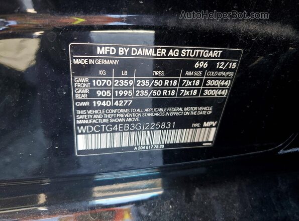 WDCTG4EB3GJ225831 2016 MERCEDES-BENZ GLA Черный Вид наклейки с VIN-кодом