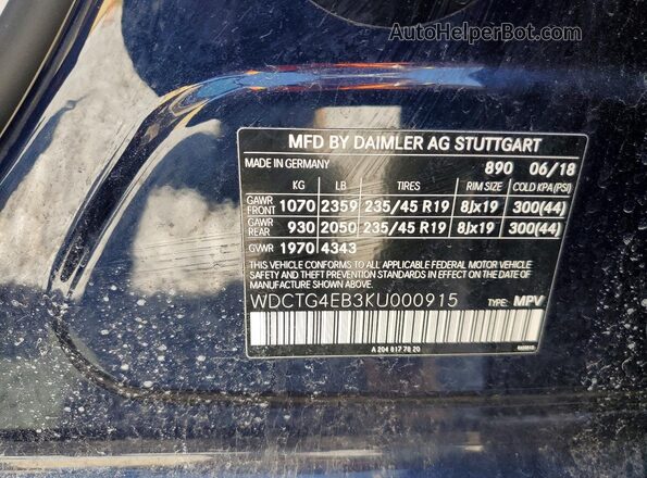 WDCTG4EB3KU000915 2019 MERCEDES-BENZ GLA Blue VIN կոդի պիտակի տեսք
