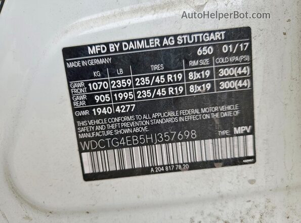 WDCTG4EB5HJ357698 2017 MERCEDES-BENZ GLA White სალონის 360-გრადუსიანი ხედი